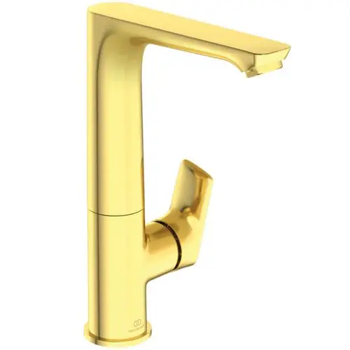 Ein goldfarbener Wasserhahn von Ideal Standard mit einem schwenkbaren Auslauf und einem Hebel zur Regelung des Wasserflusses.